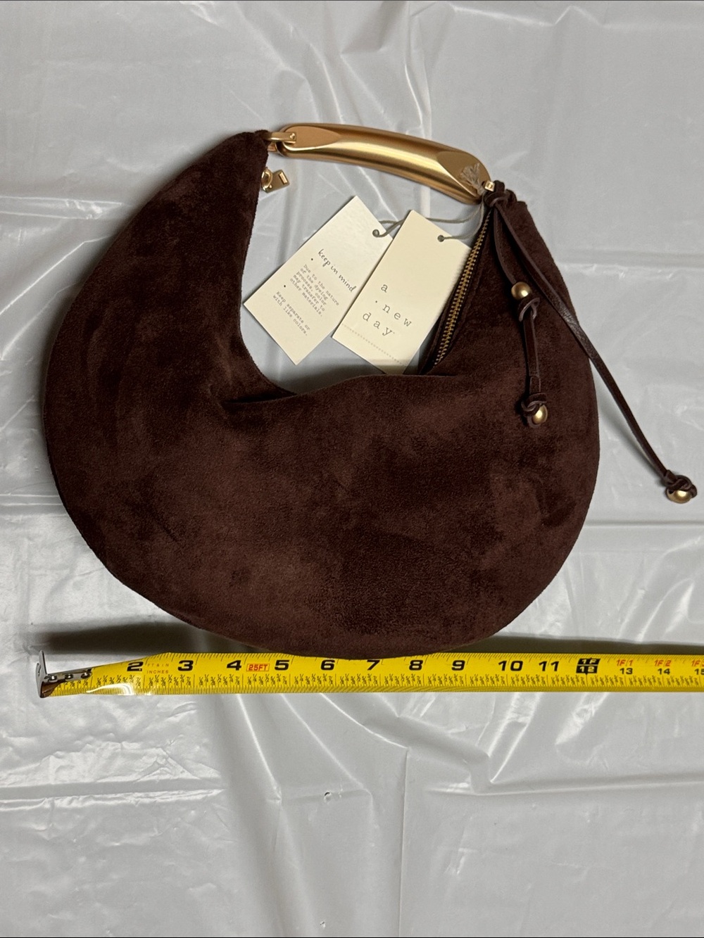 a new day Brown Suede Crescent Hobo Bag with Metal Handle